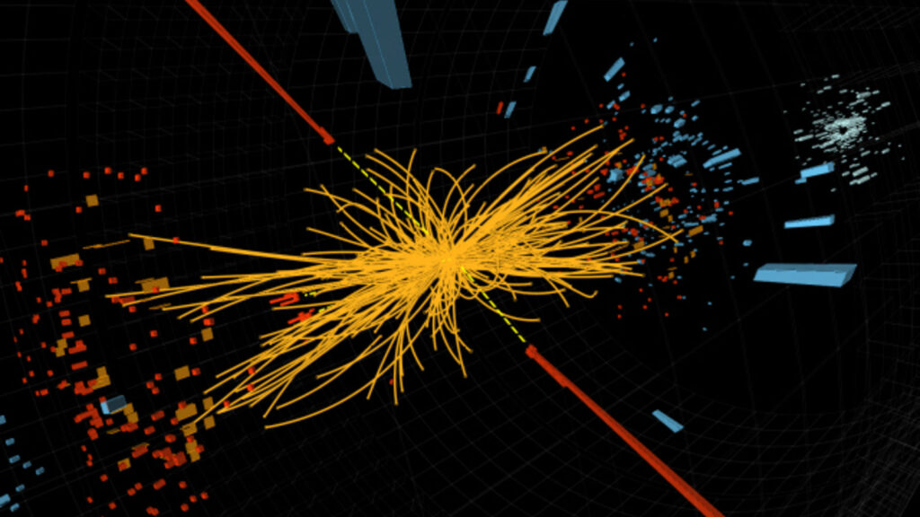The tracks of decay products of the Higgs boson. The study of these helped confirm the existence of the Higgs boson